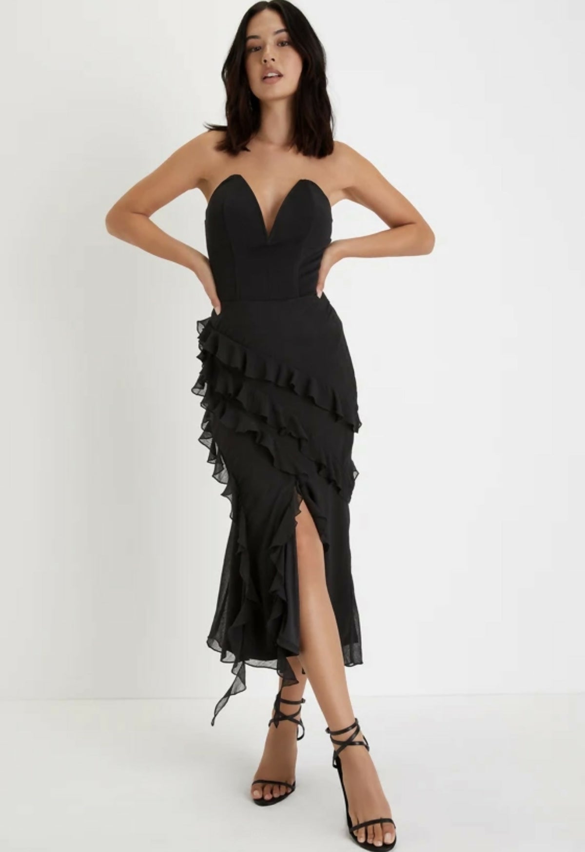 Stunning Scenario Black Chiffon Ruffled Asymmetrical Midi Skirt
