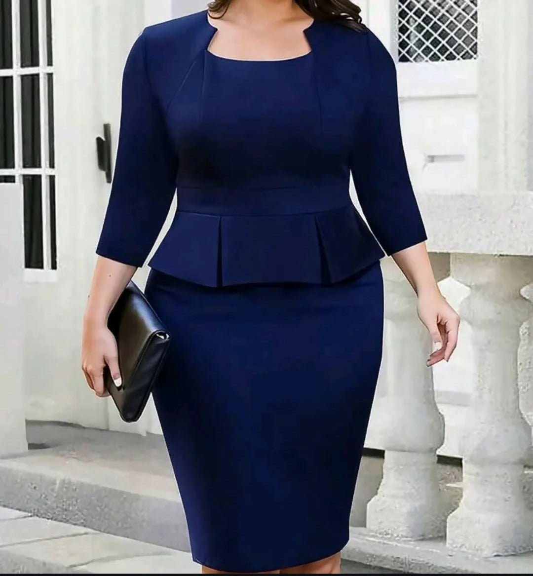 New Square Neck, 3/4 Sleeve, 2 In 1, Vintage Midi Dress *slight stretch