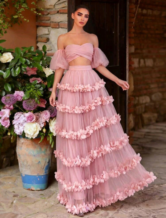 Open Shoulder Puff Sleeve Crop Top And Layered Ruffle Chiffon Skirt Set