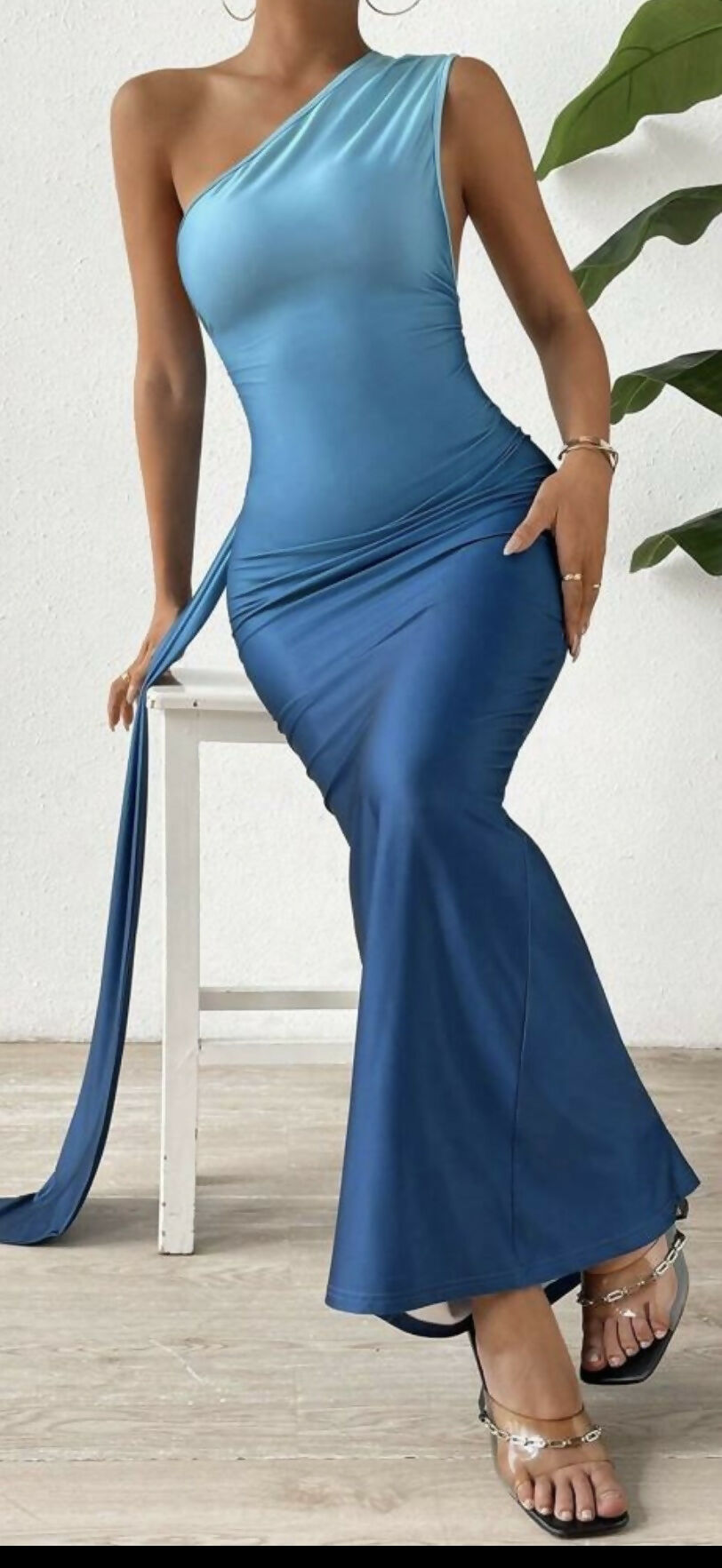 SHEIN LUNE one shoulder draped side mermaid hem dress