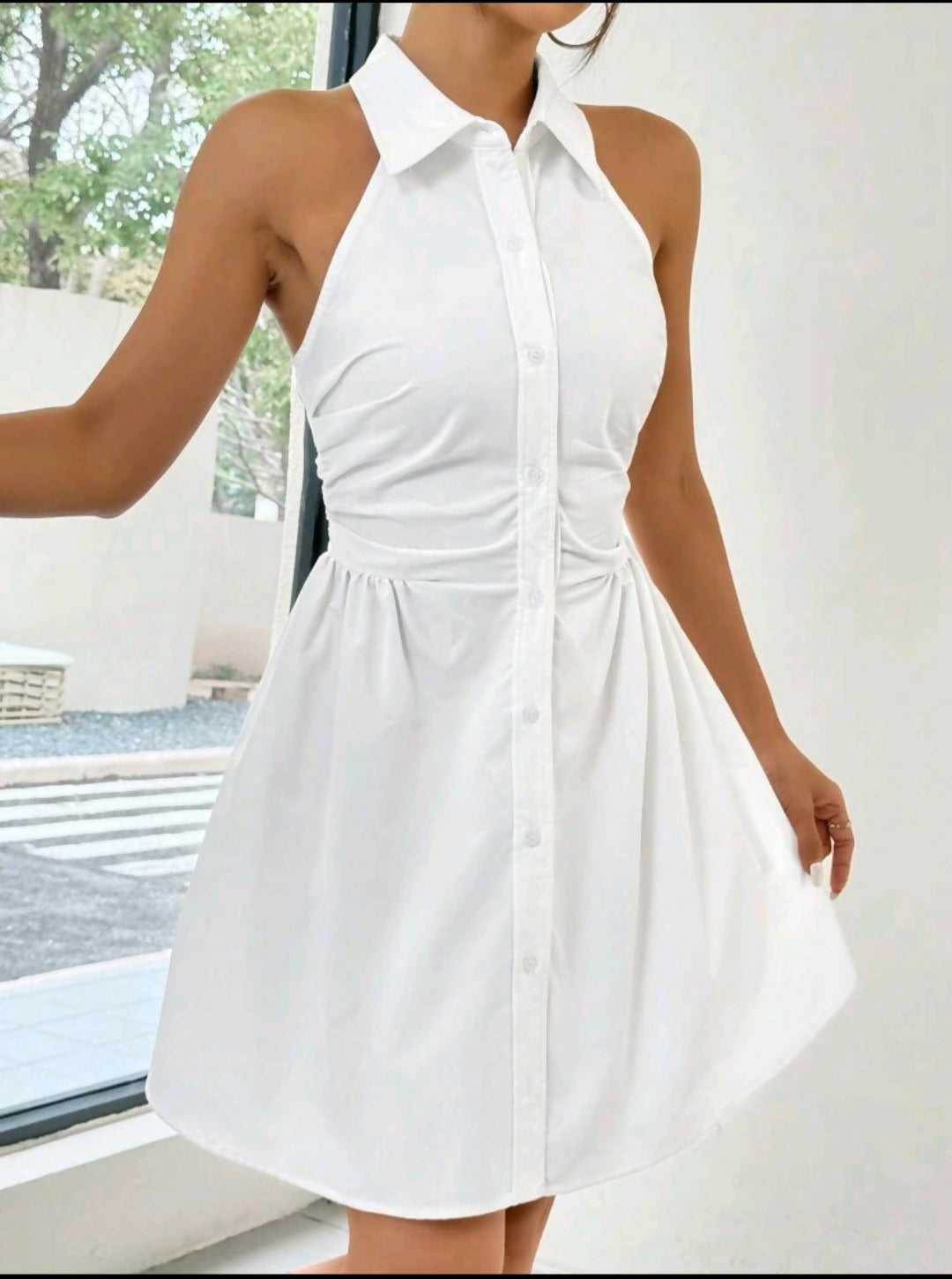 White Pleated Shirt Sleeveless Dress