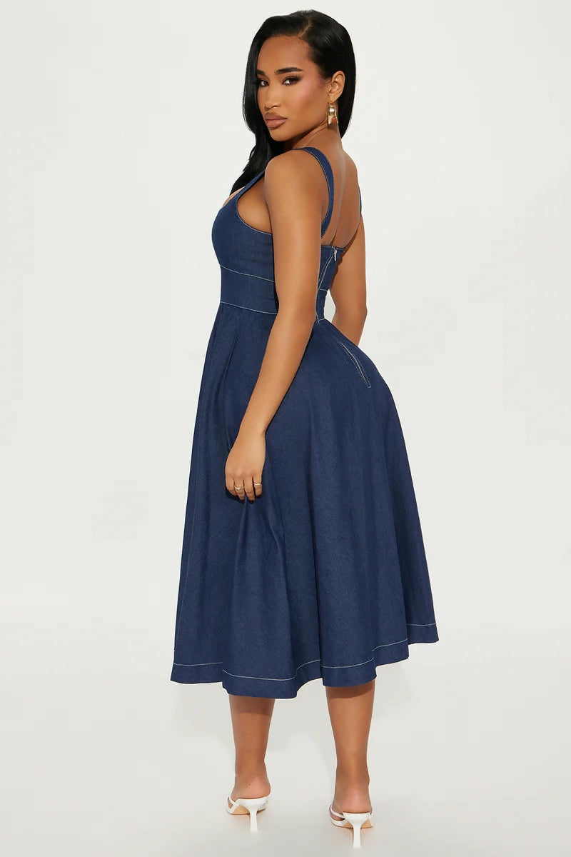Square Neck Denim Midi Dress