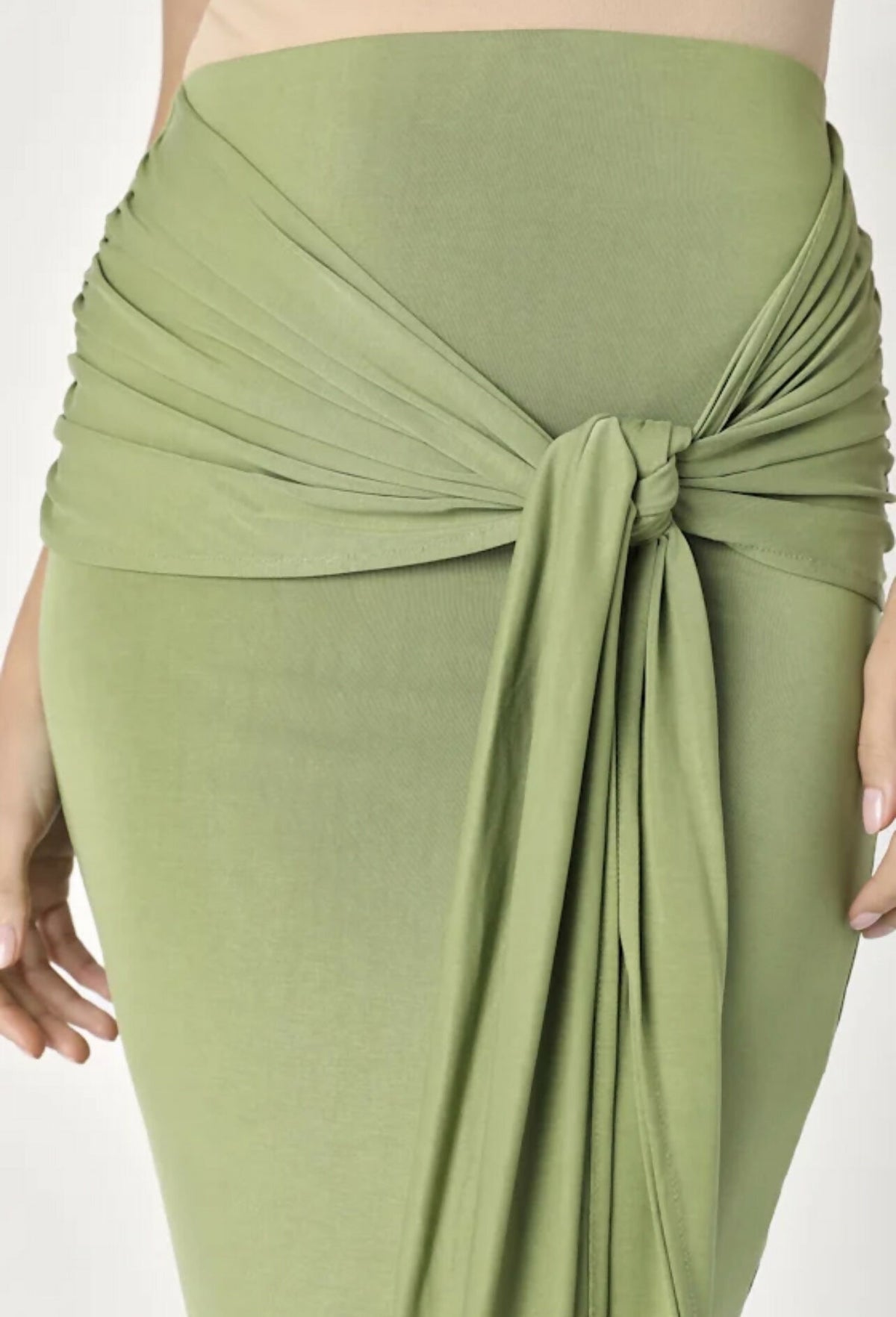 Carefree Dreamer Green High-Waisted Knot-Front Midi Skirt
