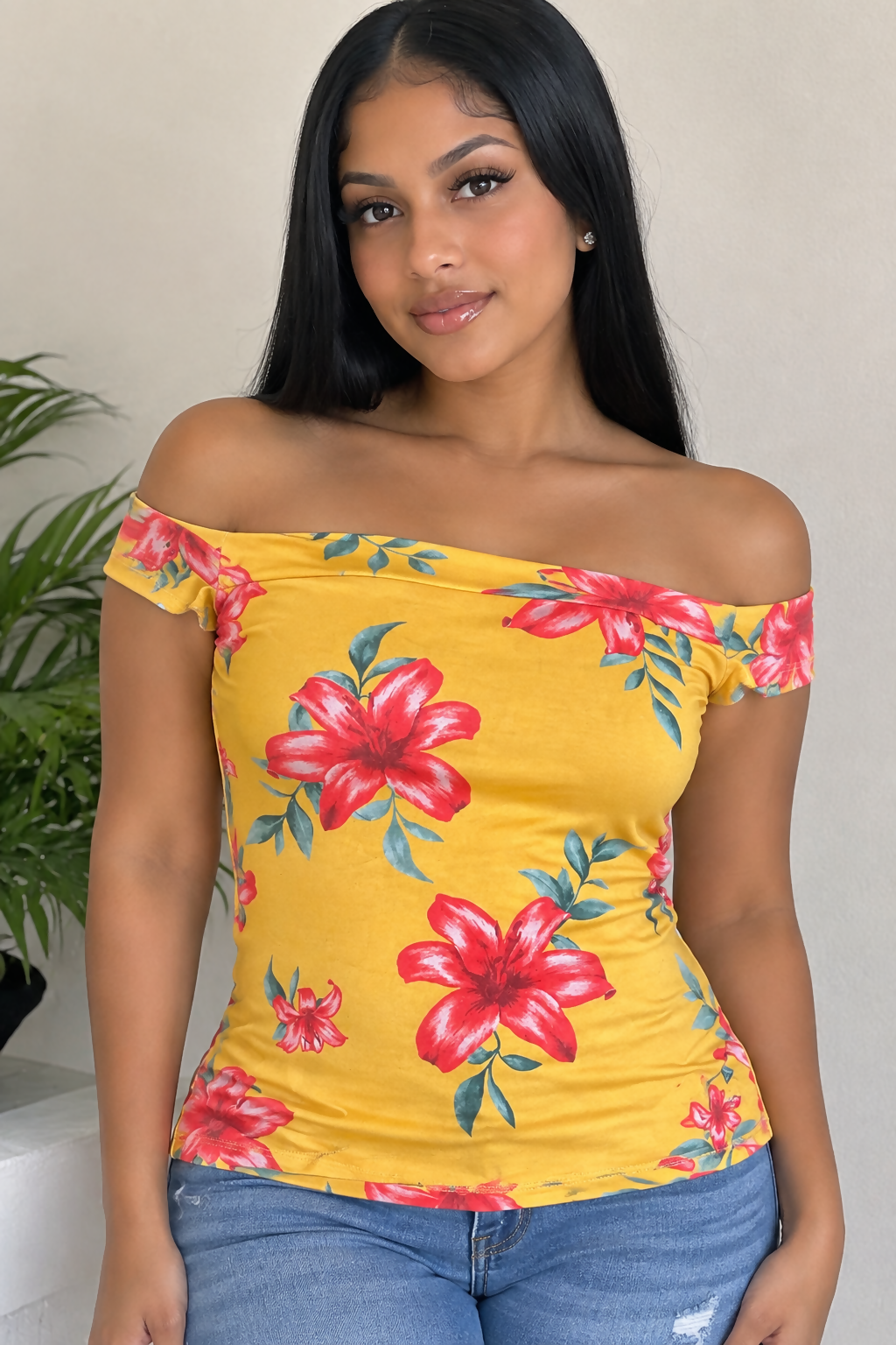 Guess Yellow Floral Off-Shoulder Top