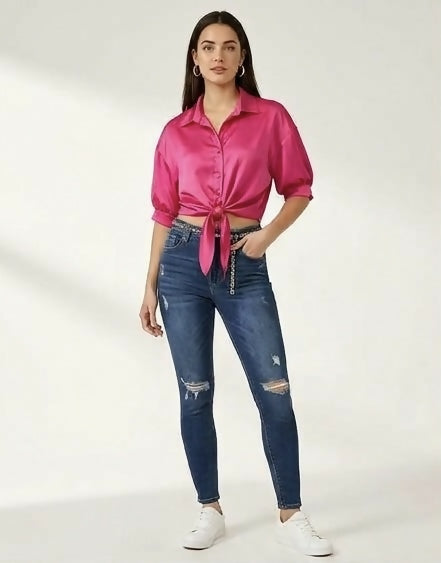 In Italy Fuchsia Satin-Look Tie-Front Crop Shirt