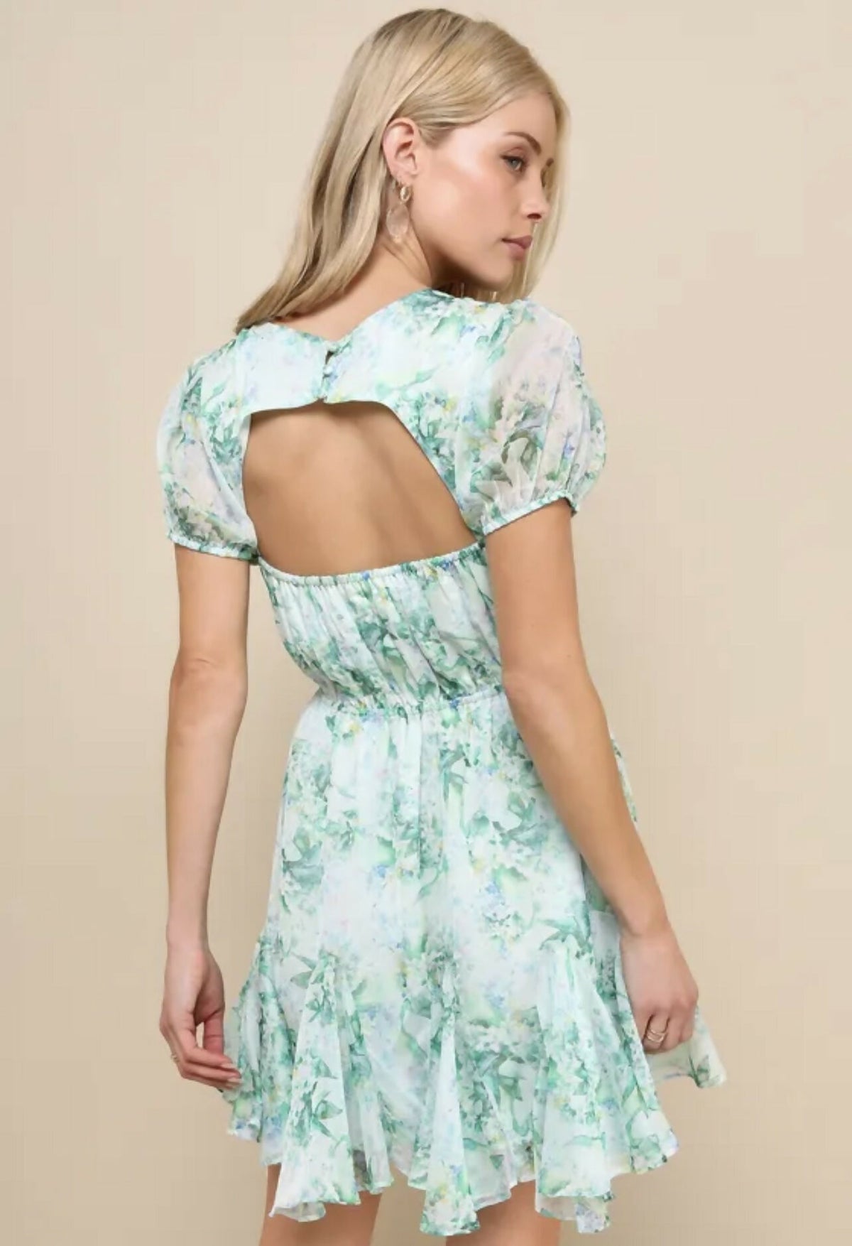 Adored Behavior Light Green Floral Cutout Puff Sleeve Mini Dress