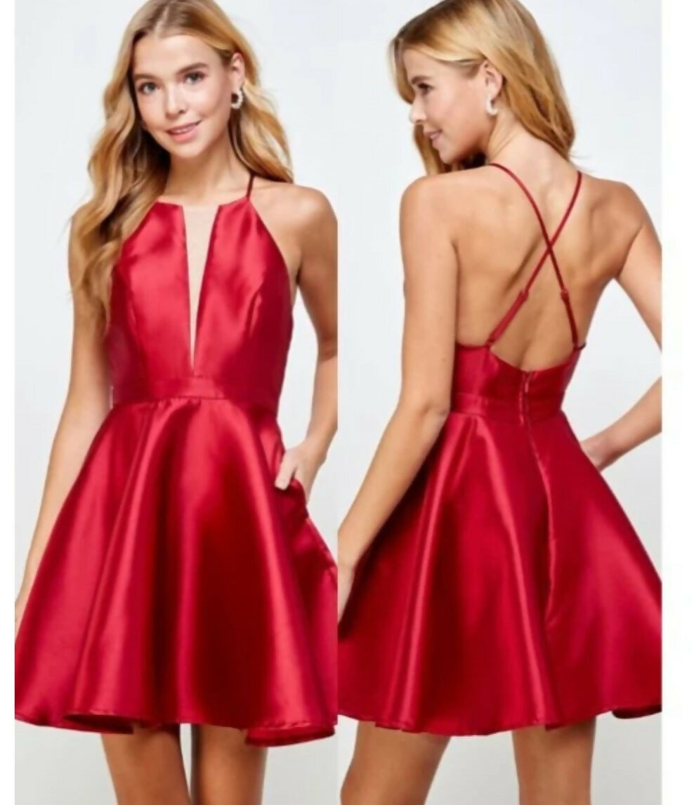 Red satin cocktail dress