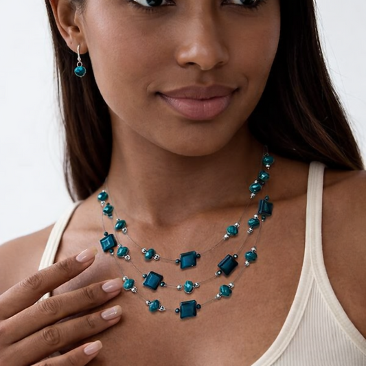 Layered Silver & Emerald Beaded Necklace & Earrings Set
