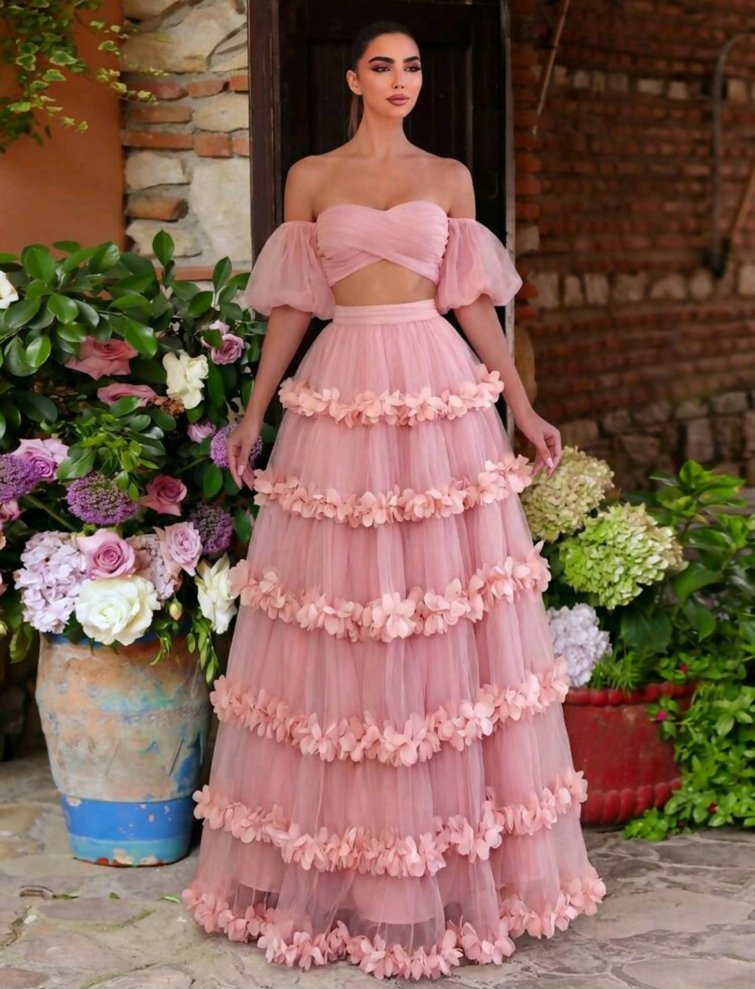 Open Shoulder Puff Sleeve Crop Top And Layered Ruffle Chiffon Skirt Set