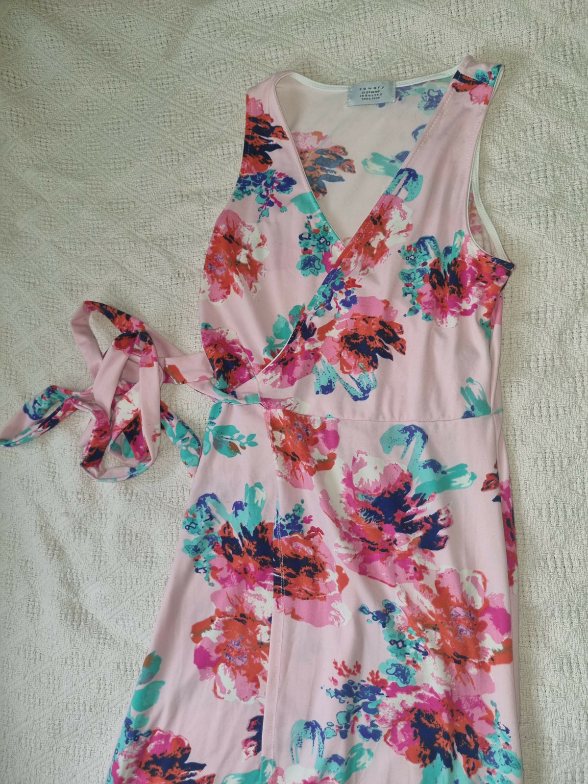 Pink Floral V Neck Dress with Leg Silt and Ribbon Waist Tie Detail