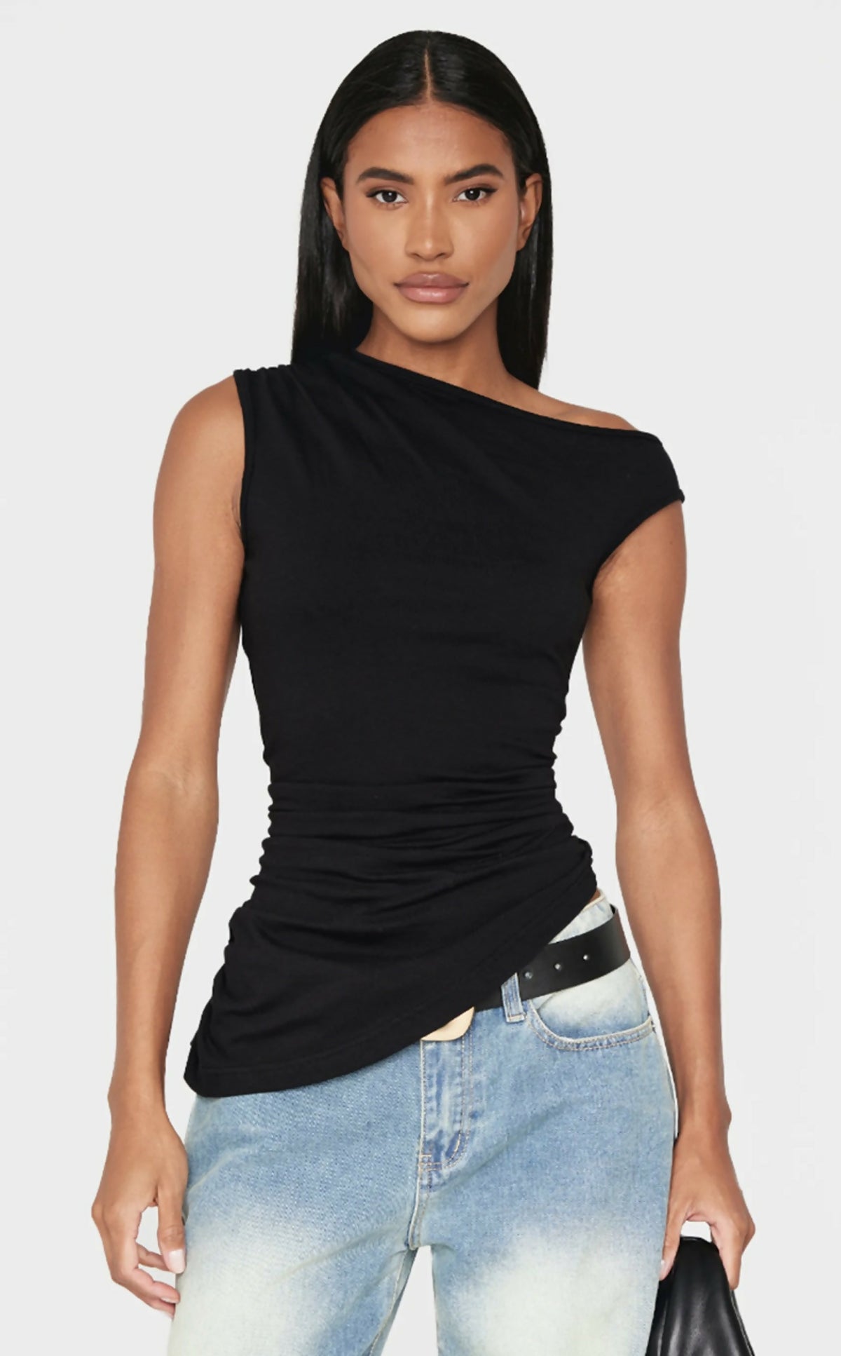 Asymmetric Shoulder Runched Longline Top