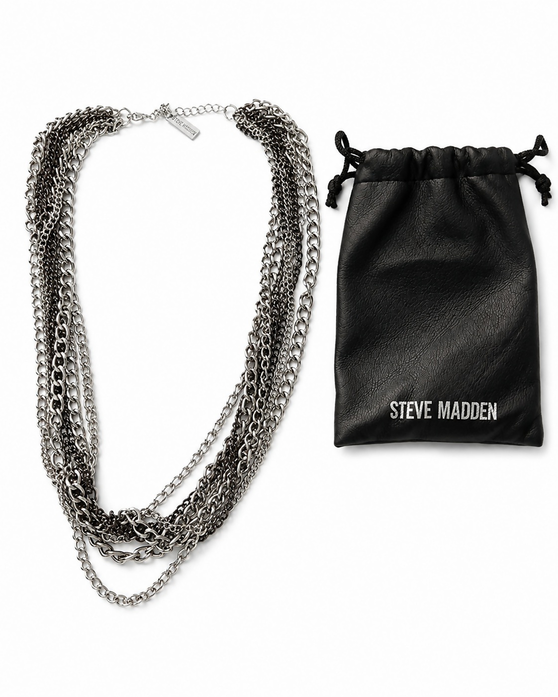 Steve Madden Black & Silver Multi-Tone Layered Chain Statement Necklace with Pouch