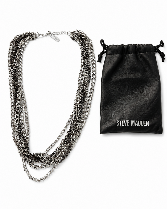 Steve Madden Black & Silver Multi-Tone Layered Chain Statement Necklace with Pouch