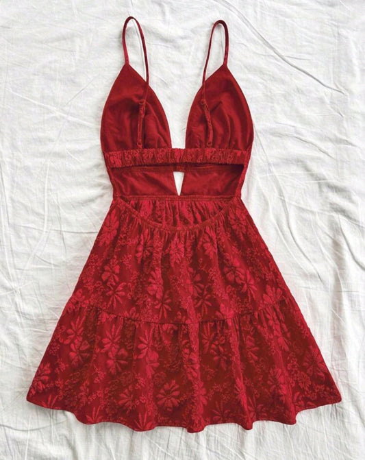 Plus Spaghetti Strap Jacquard Textured Open Back A-Line Mini Dress
