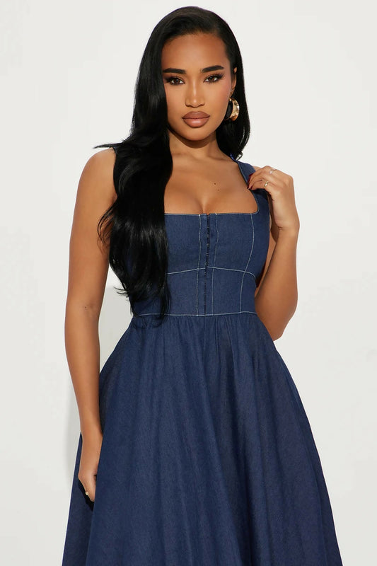 Square Neck Denim Midi Dress