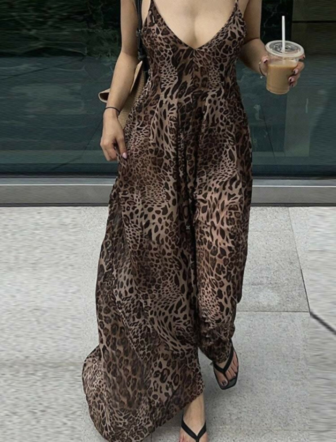 INAWLY Women's Brown Leopard Print Spaghetti Strap Maxi Dress