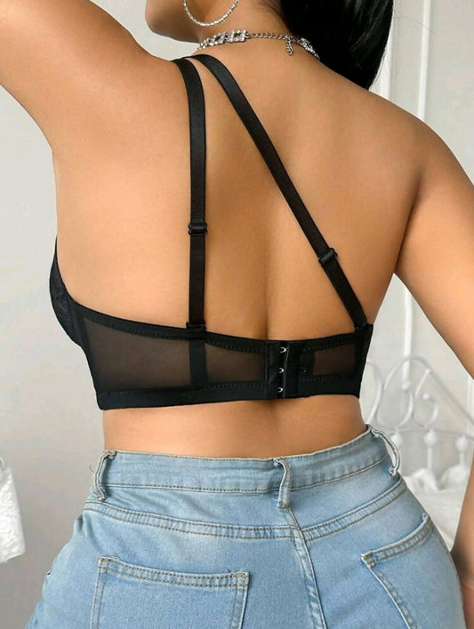 SHEIN Plus Size Lace Contrast Mesh Underwire Lace Bralette, Lift Lingerie Bra
