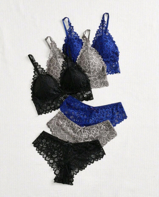 3 Pc Floral Lace Lingerie Set