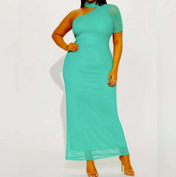 FashionNova Mint Mesh One-Shoulder Maxi Dress