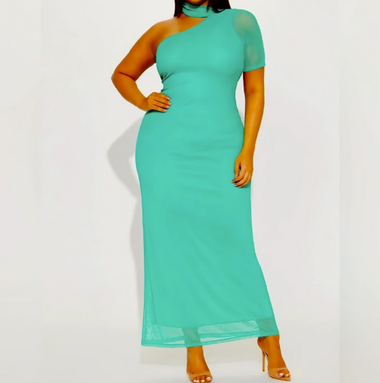 FashionNova Mint Mesh One-Shoulder Maxi Dress