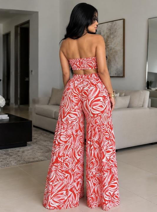 Red & White Abstract Print Strapless Two Piece Set
