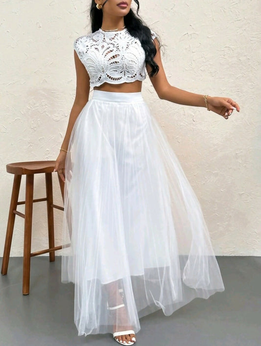Lace Backless Crop Top & High Waisted Skirt