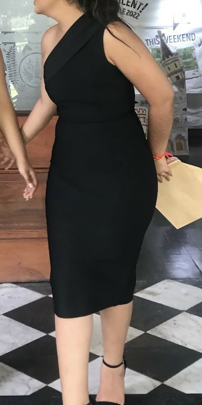 ADYCE Elegant One Shoulder Waisted Bodycon Midi Dress