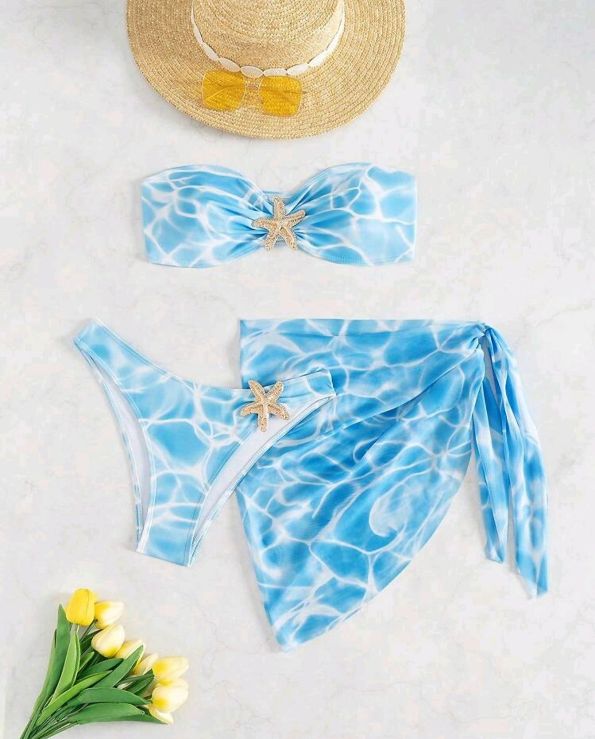 Starfish Decor 3-Piece Swimwear Set With Bandeau Top