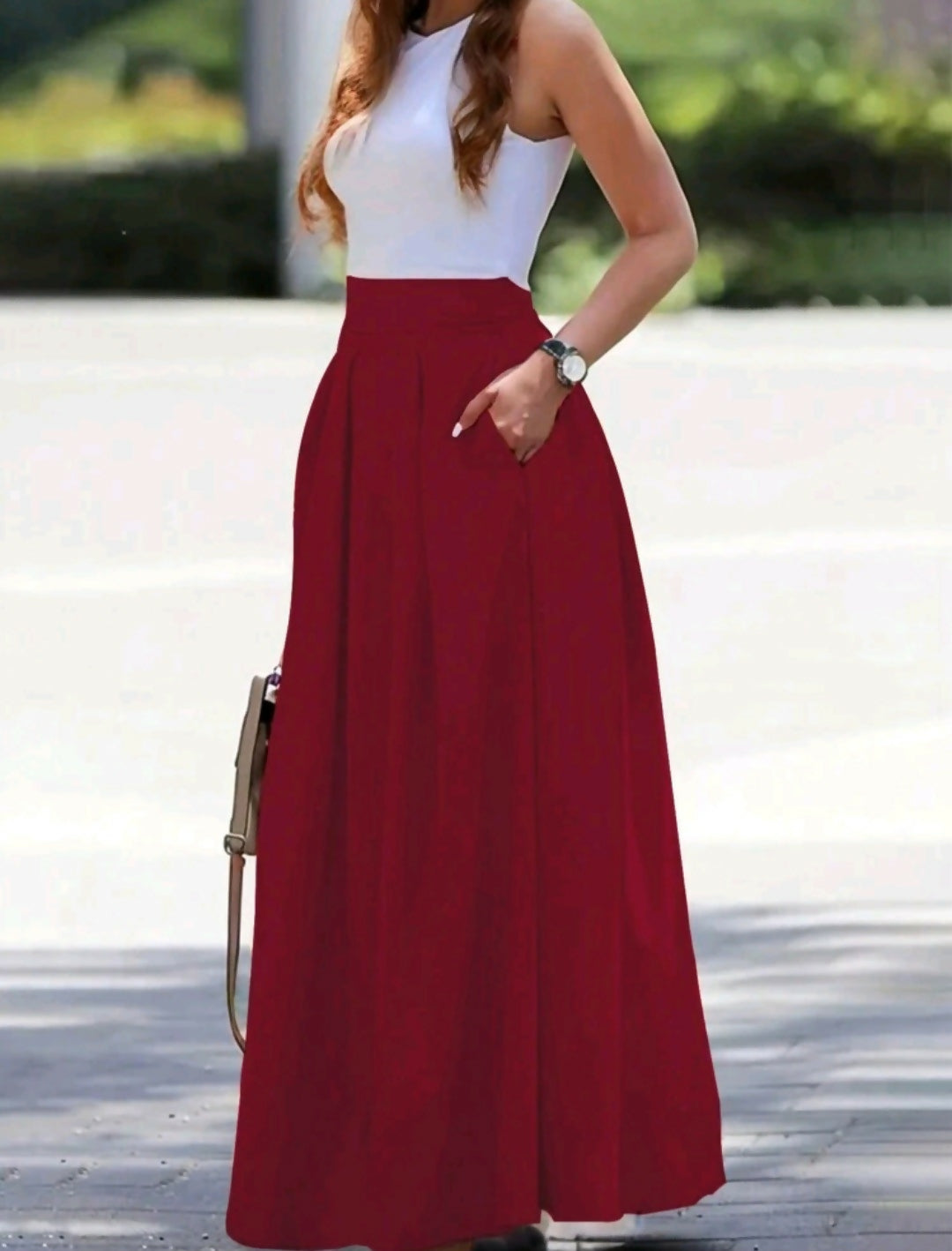 Elegant High-Waisted Pleated Maxi Skirt with pocket