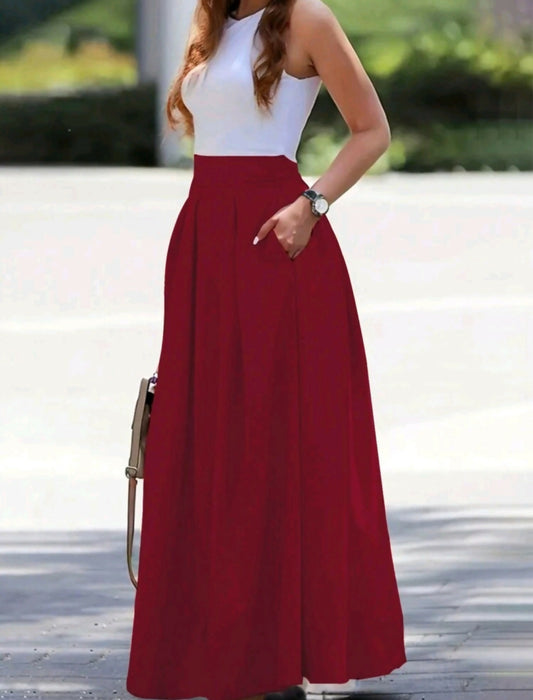 Elegant High-Waisted Pleated Maxi Skirt with pocket