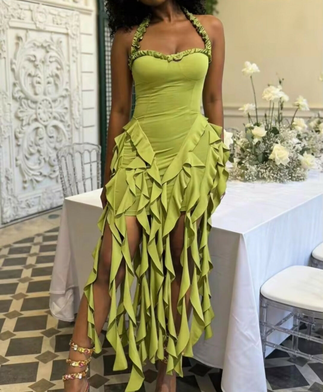 Ruffled Symmetrical Halter Back Dress