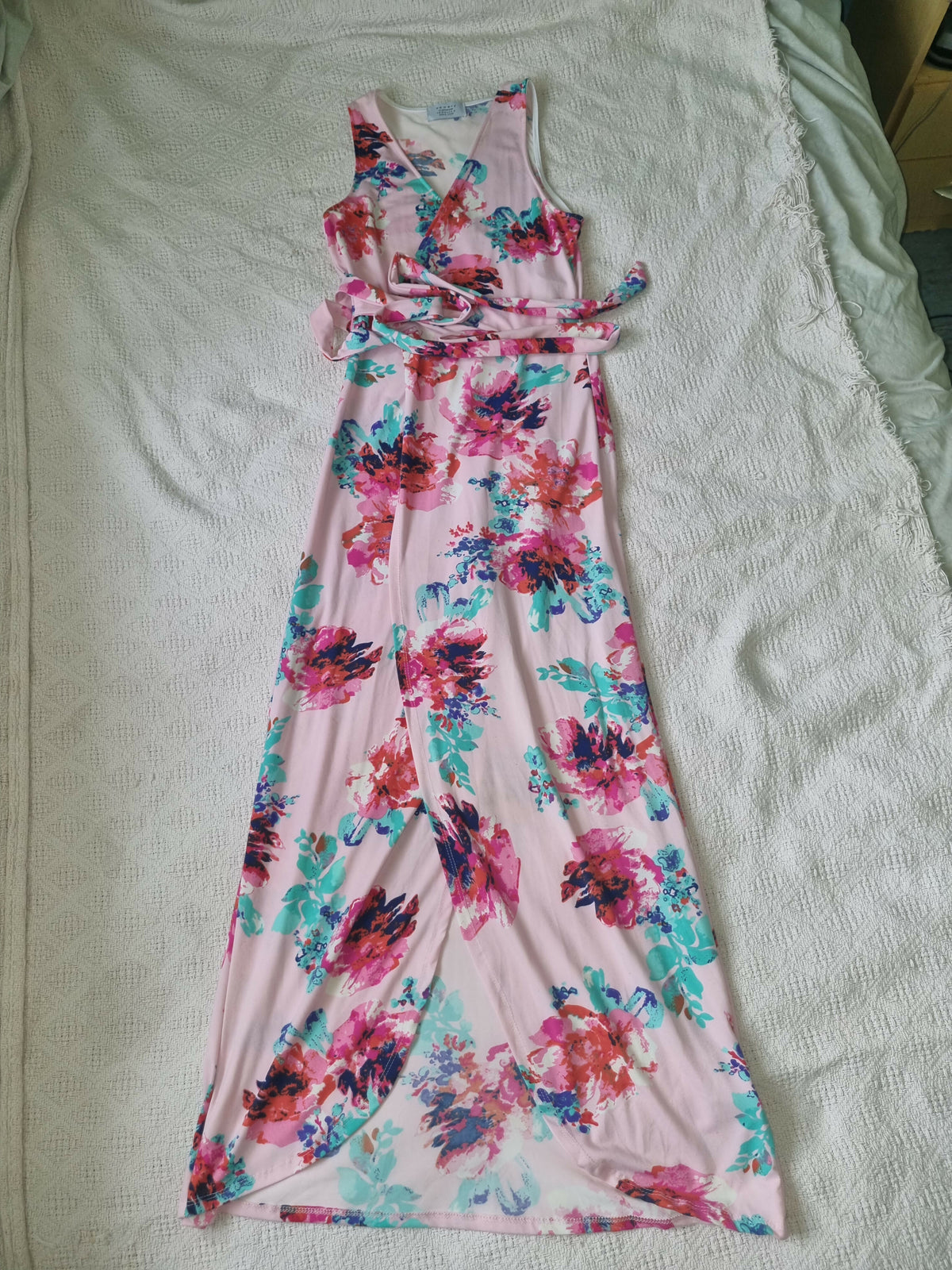 Pink Floral V Neck Dress with Leg Silt and Ribbon Waist Tie Detail