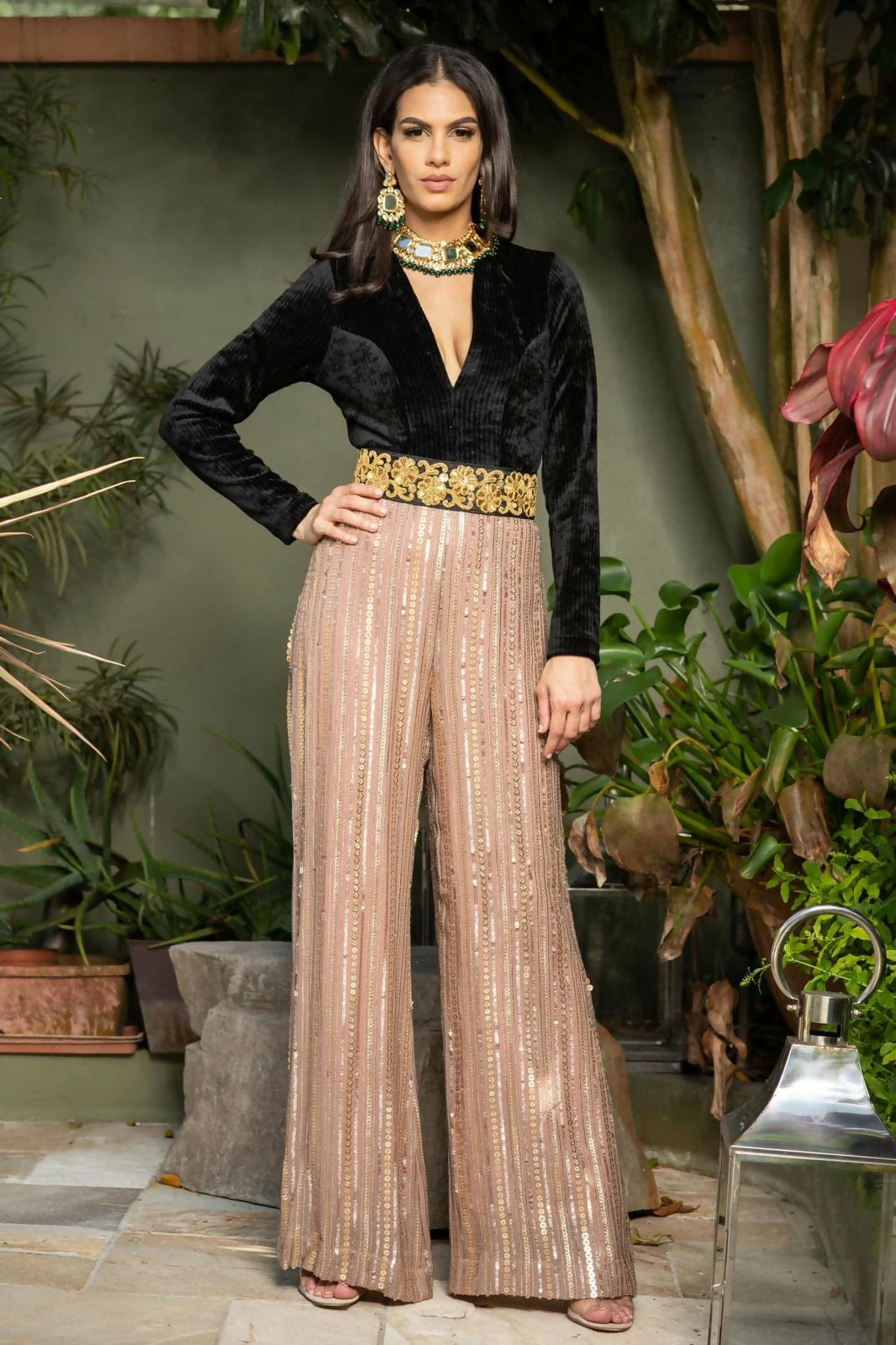 Charu Lochan Dass CLD Black Velvet & Embellished Wide-Leg Jumpsuit | Designer Evening Wear