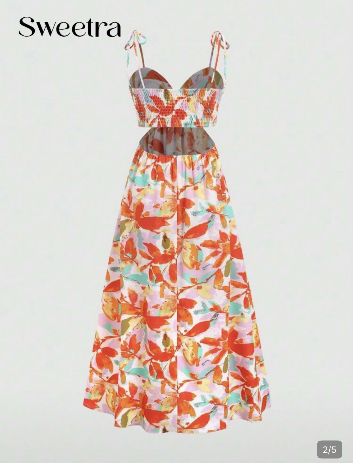 Women's Spaghetti Strap Backless Floral Print Hollow Out Design Chiffon Top Maxi Dress