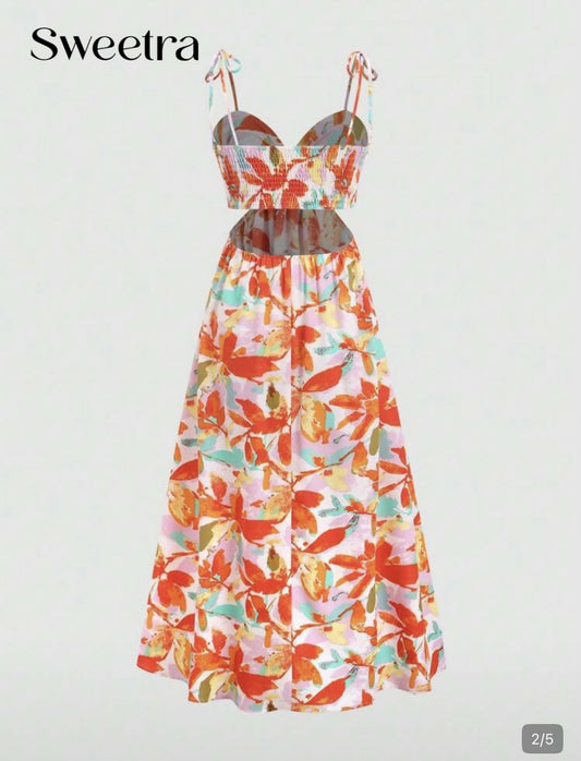 Women's Spaghetti Strap Backless Floral Print Hollow Out Design Chiffon Top Maxi Dress