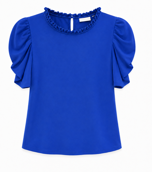 Blue Ruffled-Neck Blouse