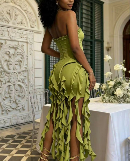Ruffled Symmetrical Halter Back Dress