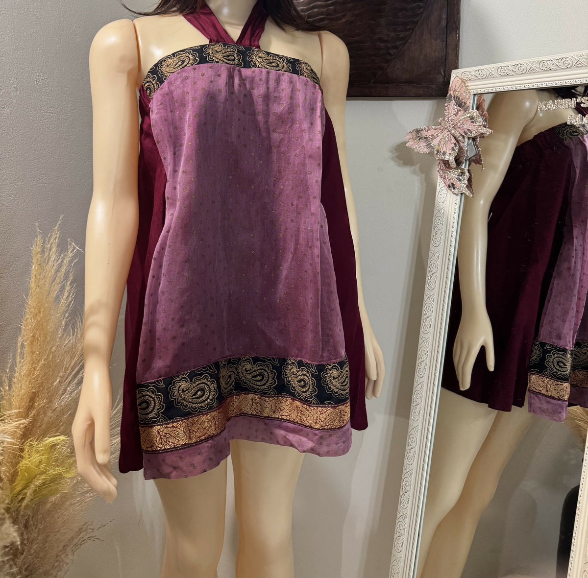 Meiling Burgundy & Orchid Sari-Inspired Halter Dress