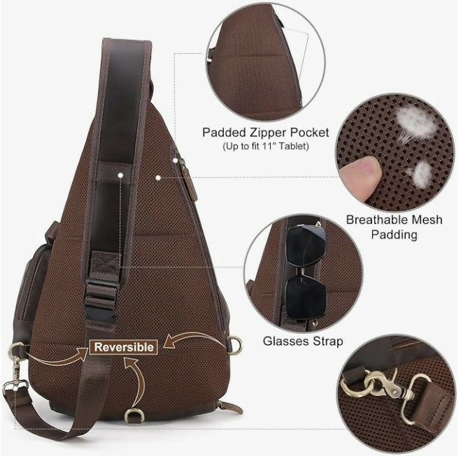TIDING Men's Full Grain Leather Sling Shoulder Bag Casual Chest Bag