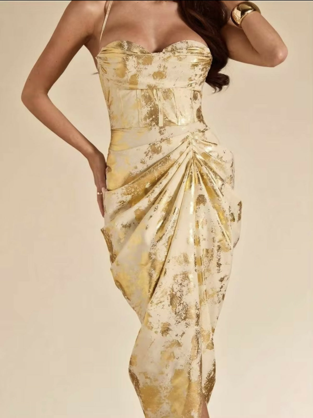 (NEW) Gold High Slit Dress