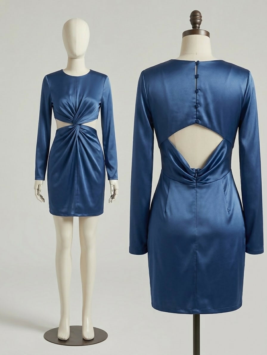Midnight Blue Satin Twist-Front Cutout Mini Dress