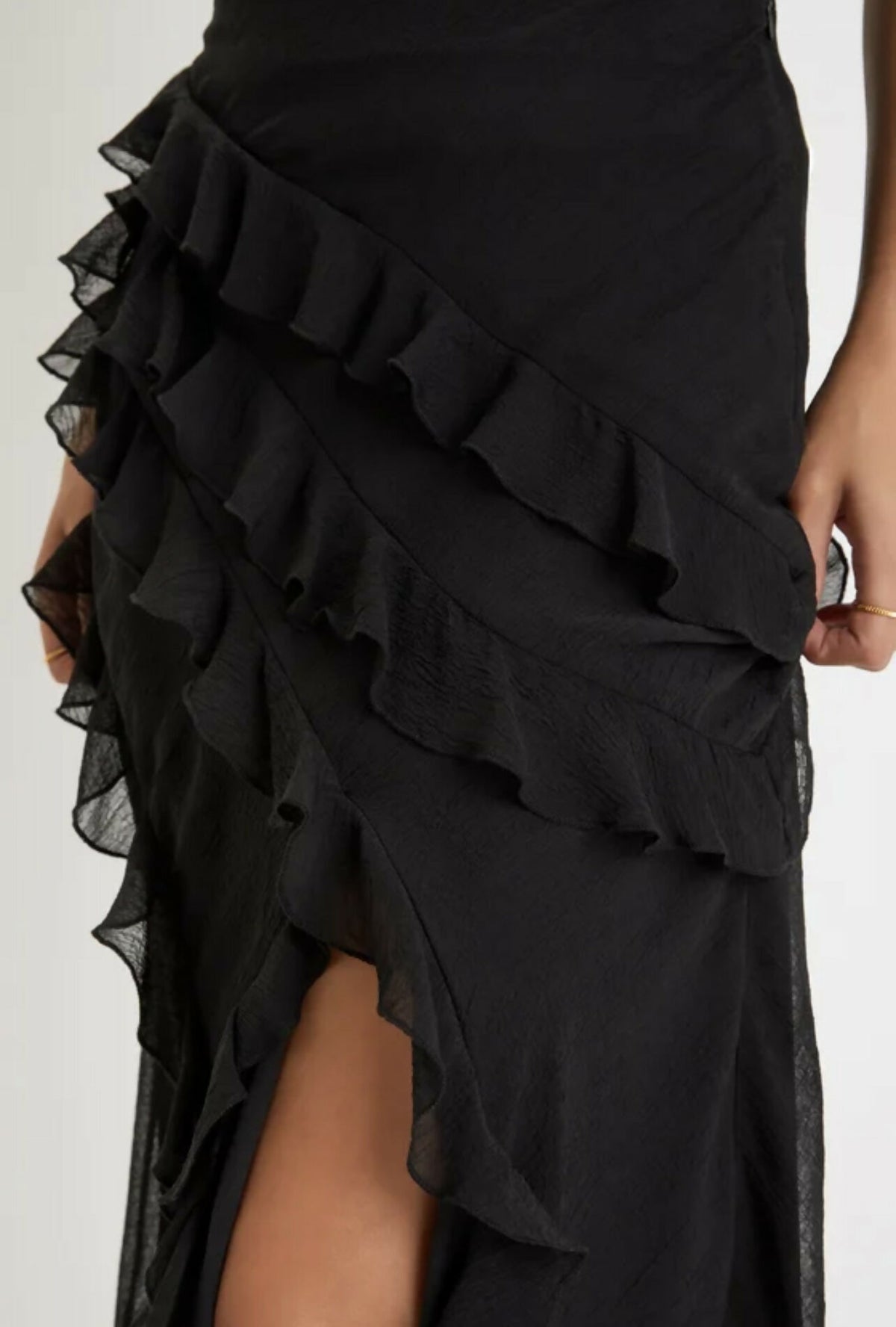 Stunning Scenario Black Chiffon Ruffled Asymmetrical Midi Skirt