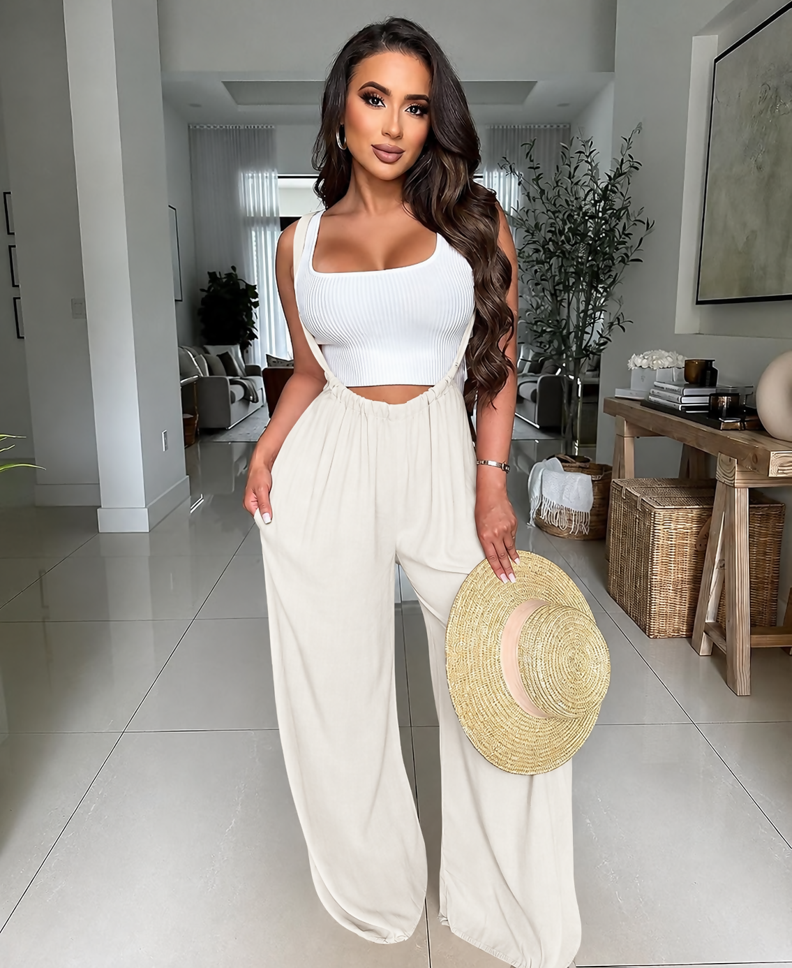 Cream Suspender Wide Leg Pants