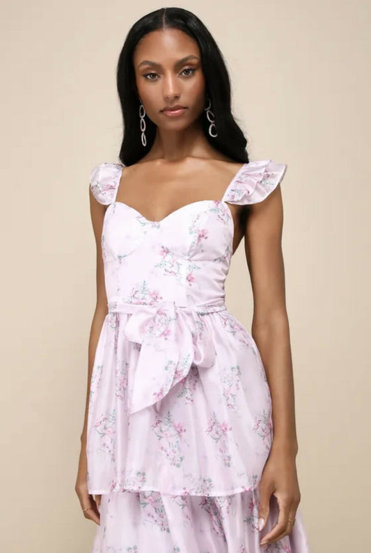 Sweetest Emotion Lilac Floral Ruffled Tiered Bustier Midi Dress