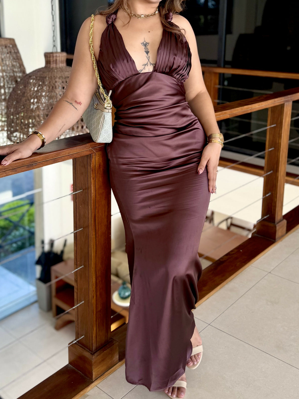 Satin Brown Deep V neck Gown