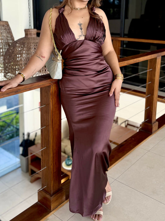 Satin Brown Deep V neck Gown