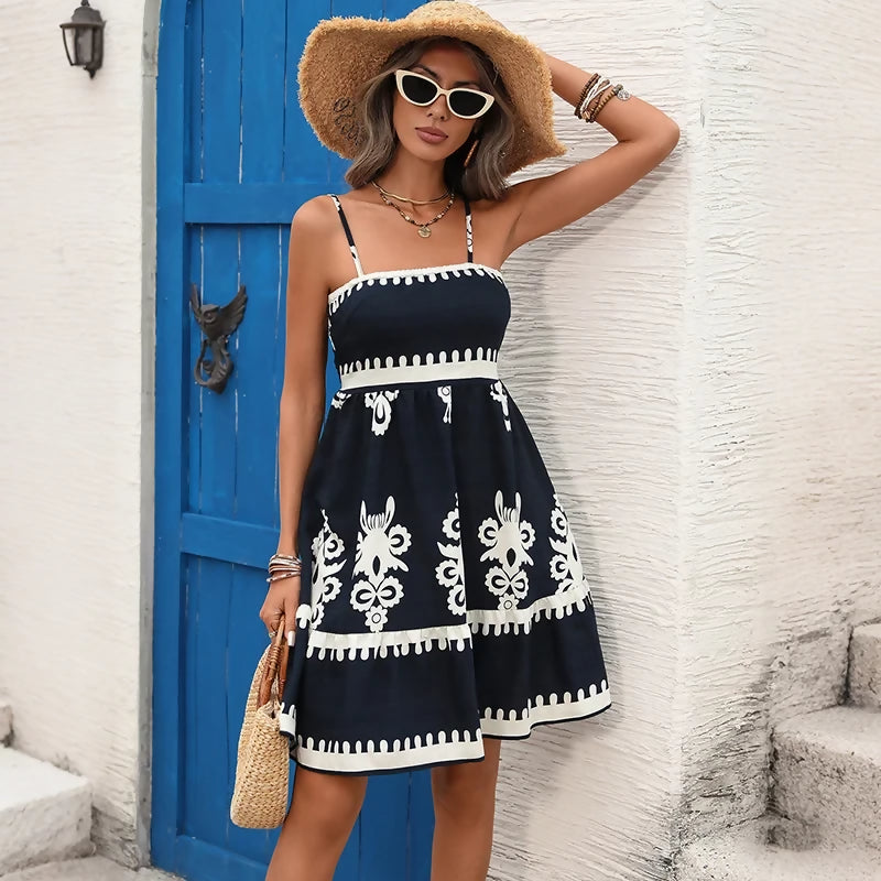 Boho Print Spaghetti Strap Mini Dress