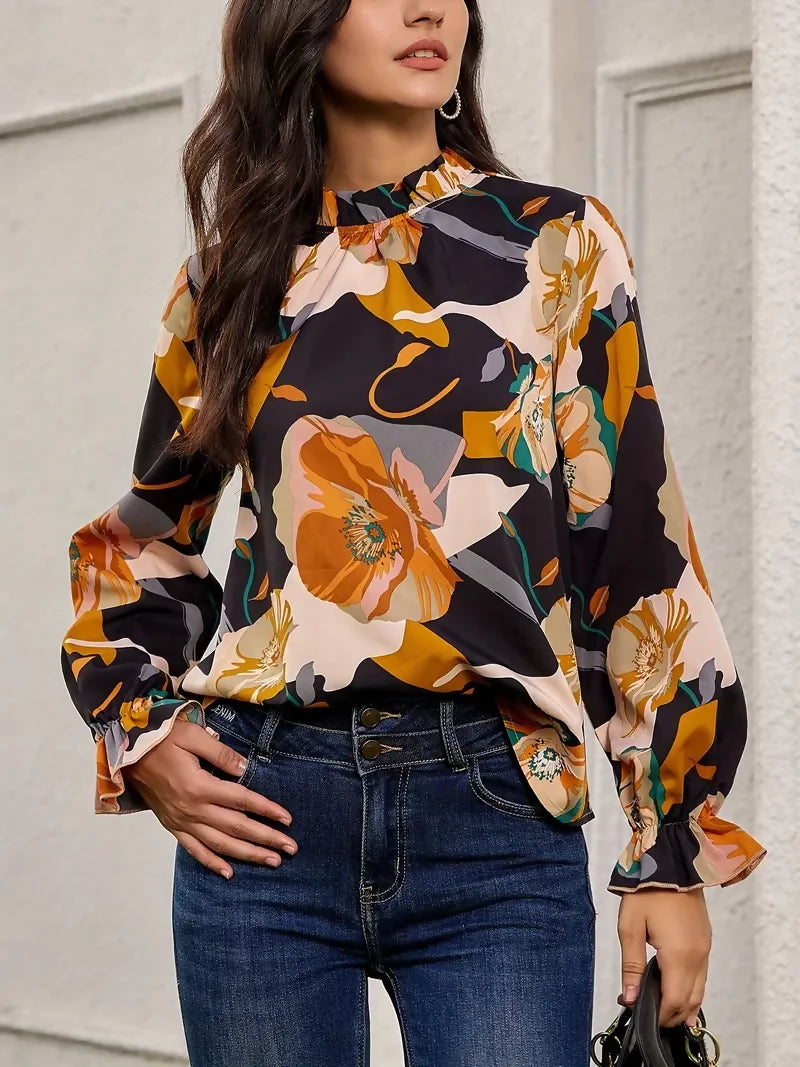 SHEIN Tropical Flounce Cuff Blouse
