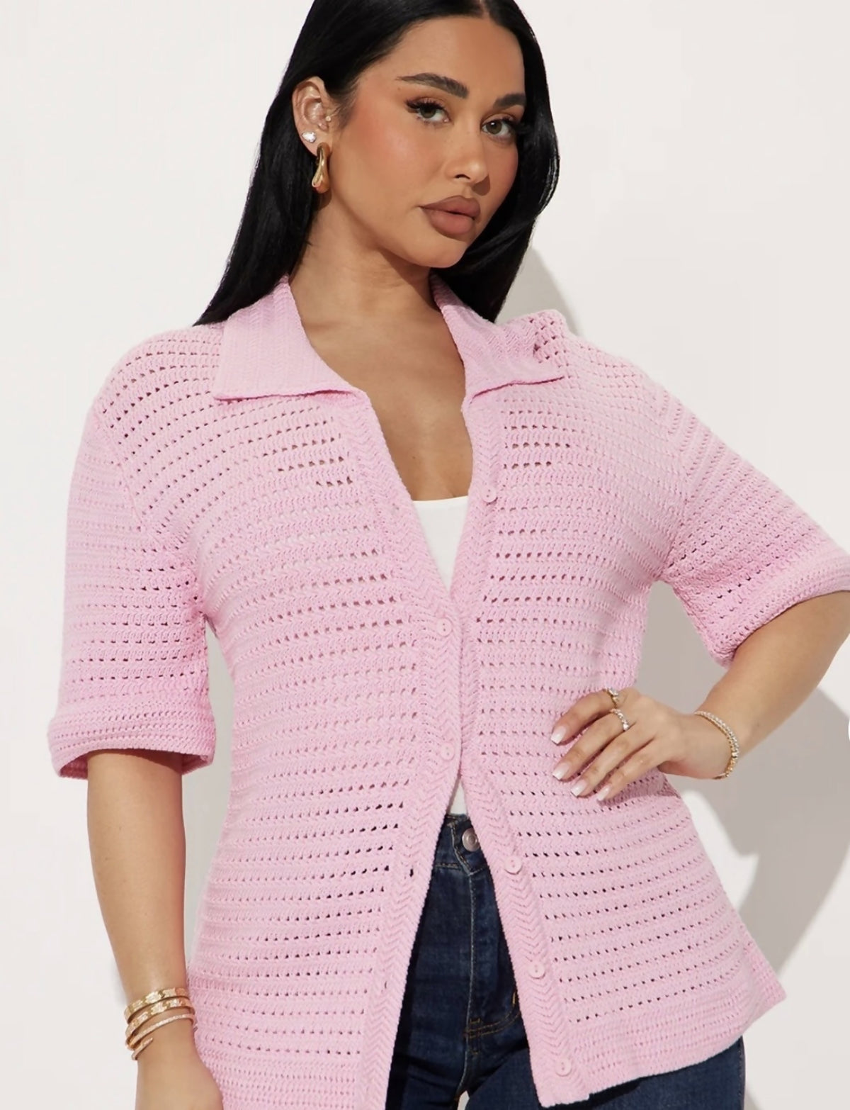 Pink Crochet Knit Cardigan