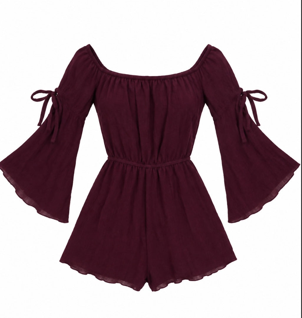 Off the shoulder burgundy romper